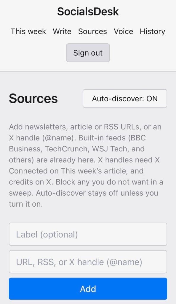 SocialsDesk Sources screen
