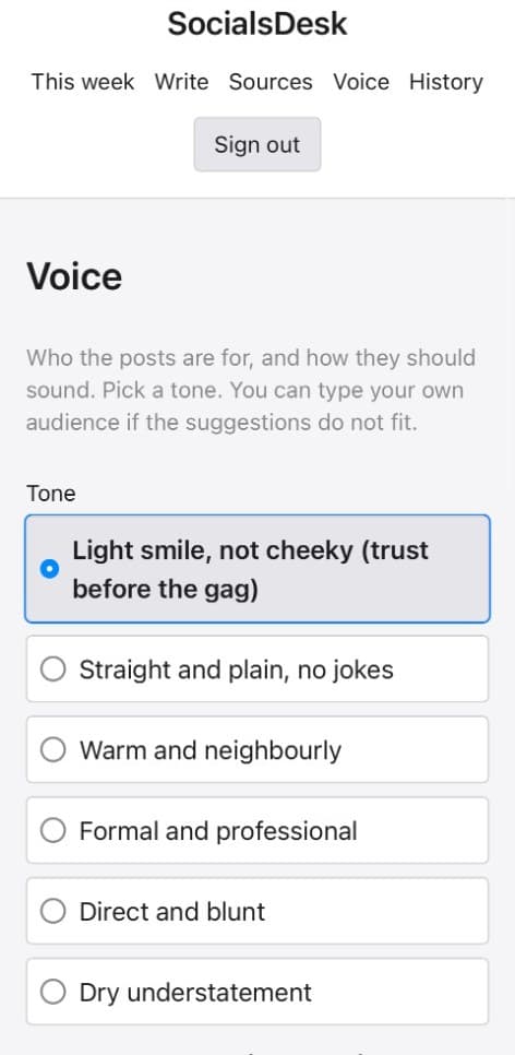 SocialsDesk Voice screen